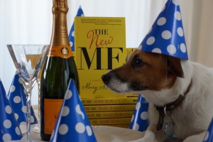 Mary Marcus's Jack Russel Terrier, Henry, in a party hat for The New Me launch party